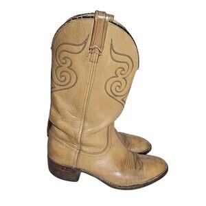 Mens Vintage Dingo Tan Leather Cowboy Boots Wood Heel Sz 9.5 D Western Rugged